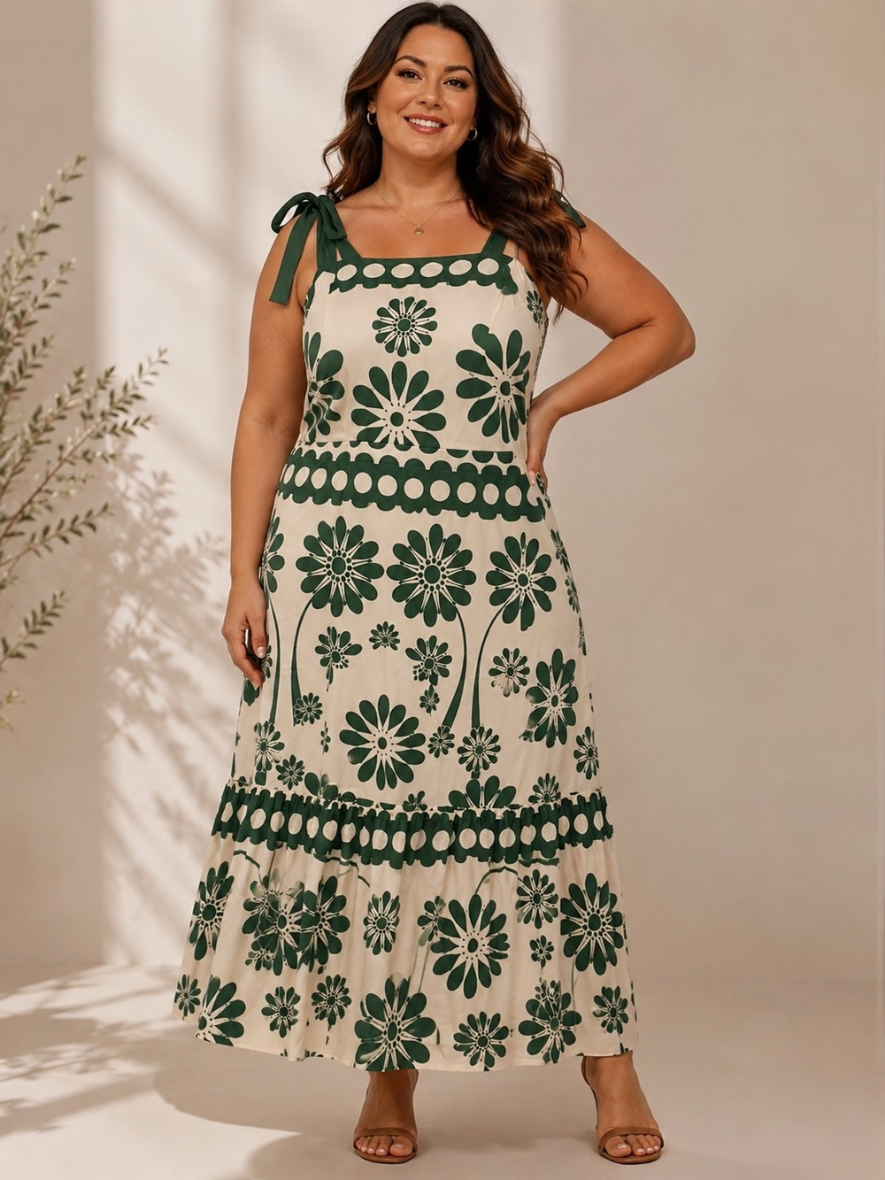 Green & Cream Mod Floral Tie-Strap Maxi Dress – XL / 14–16 New
